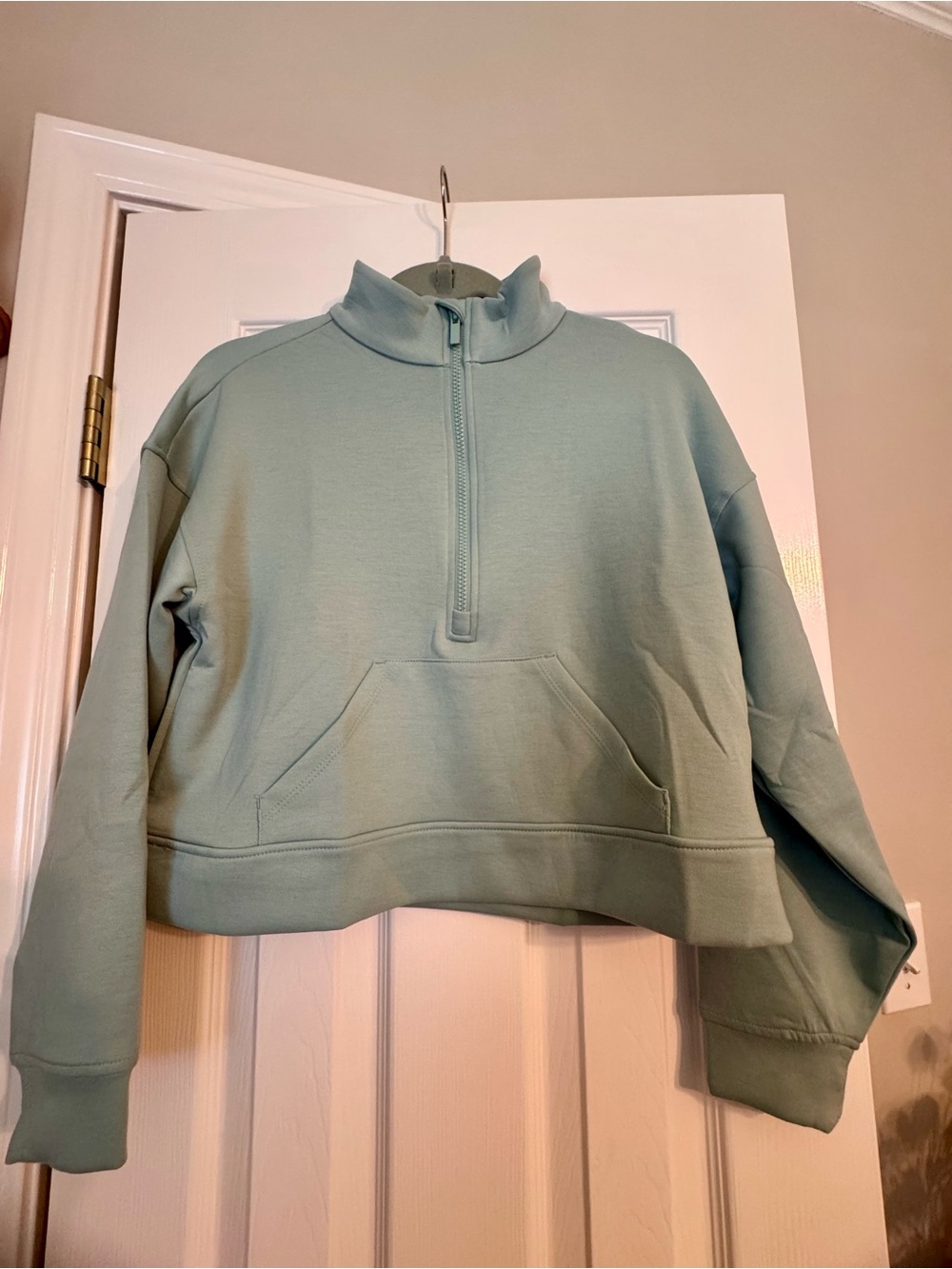 Zenana Cropped Half-Zip Pullover Sweatshirt - Sage Green. Butter soft